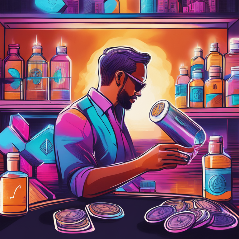 hand-drawn digital illustration, Artstation HQ, digital art, vibrant and dynamic image symbolizing democratization of crypto investments, featuring abstract tokens trading and a person handling liquid assets