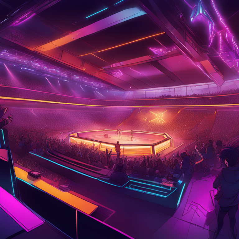 Hand-drawn digital illustration of a futuristic esports championship arena with cheering crowds and intense gameplay, vibrant colors, Artstation HQ, digital art