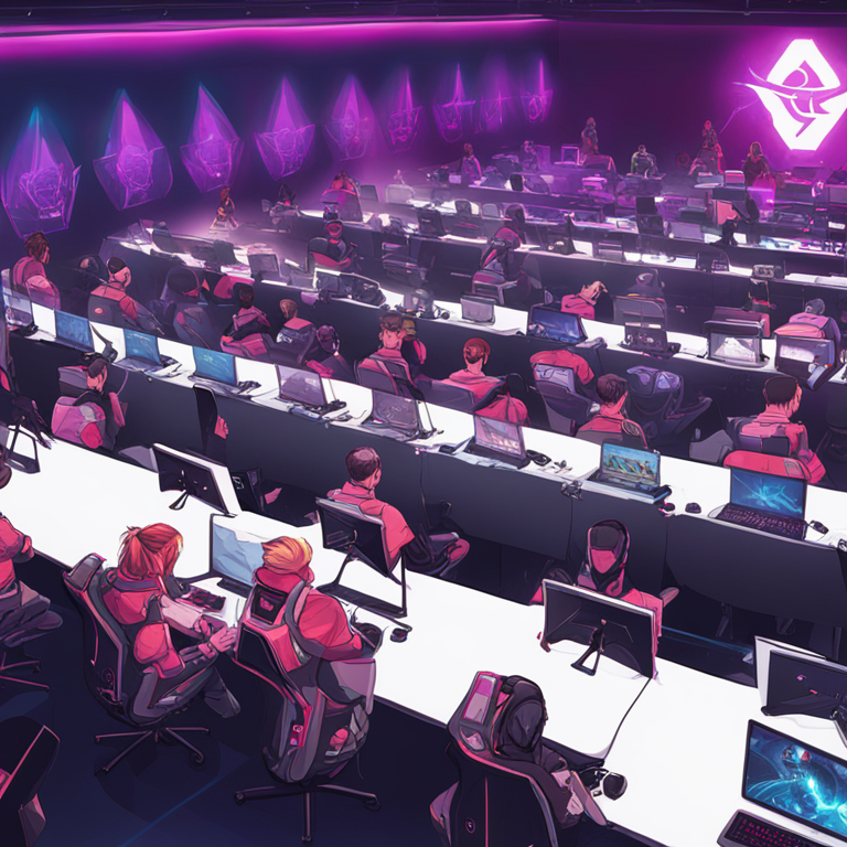 Hand-drawn digital illustration, Artstation HQ, digital art, guild members competing in Apeiron esports championship with high-tech gaming setups, modern and vibrant competition scene, inspired by trendy and contemporary magazine visuals.