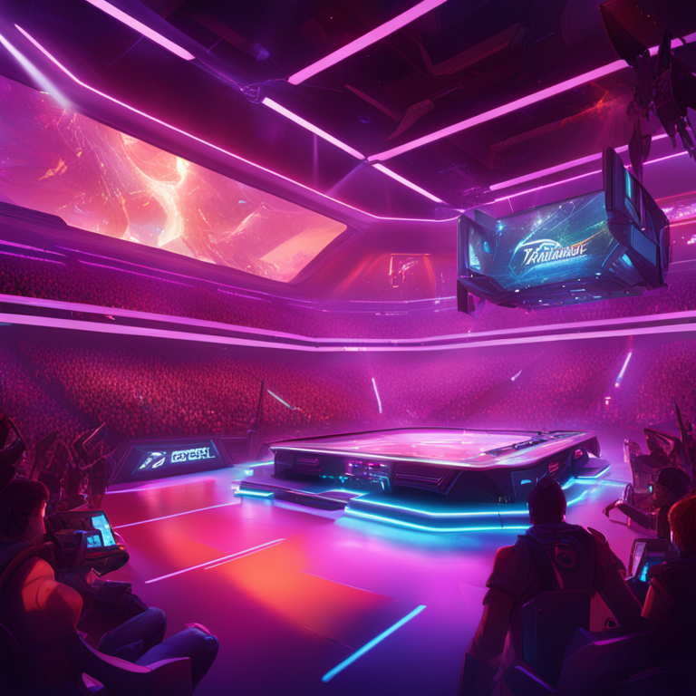 Captivating digital illustration of a futuristic esports arena, filled with vibrant colors, spotlight effects, and energetic crowd, trending on Artstation, created by top digital artists