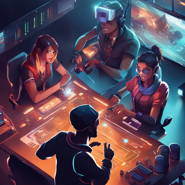 Artistic depiction of enthusiastic gamers engaged in a competitive digital strategy game, with detailed characters and a dynamic environment, digital art, trending on Artstation