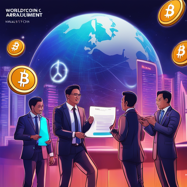 Hand-drawn digital illustration of Worldcoin token approval announcement in Malaysia, Artstation HQ, digital art, futuristic setting, officials discussing, digital tokens floating, dynamic colors, news headline, trending on Artstation