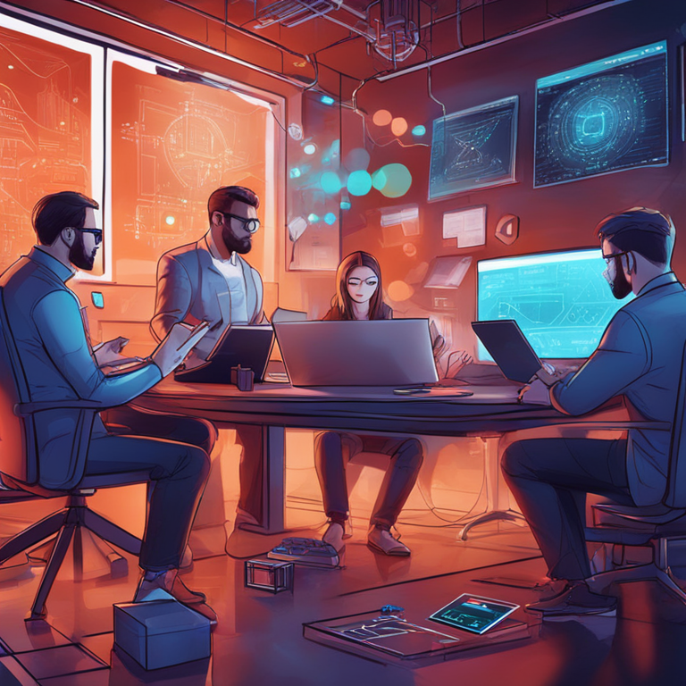 a dynamic team brainstorming about blockchain innovations, featuring various futuristic gadgets and diagrams, hand-drawn digital illustration, Artstation HQ, digital art, vibrant and tech-savvy atmosphere