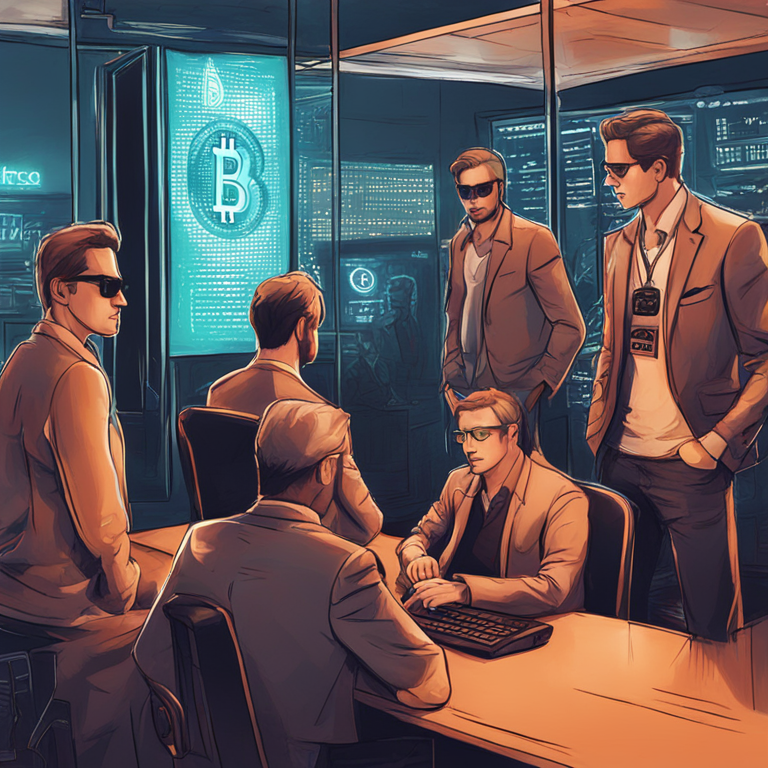 hand-drawn digital illustration of a complex Bitcoin scam involving different individuals, Artstation HQ, digital art