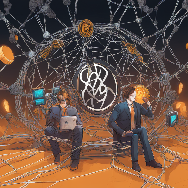 hand-drawn digital illustration, Artstation HQ, digital art, depicting a complex Bitcoin web with officials entangled, high-tech, trending on Artstation