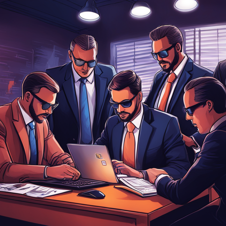 hand-drawn digital illustration, Artstation HQ, digital art, showing a group of officials attempting to cover up digital evidence of Bitcoin transactions, modern and vibrant style