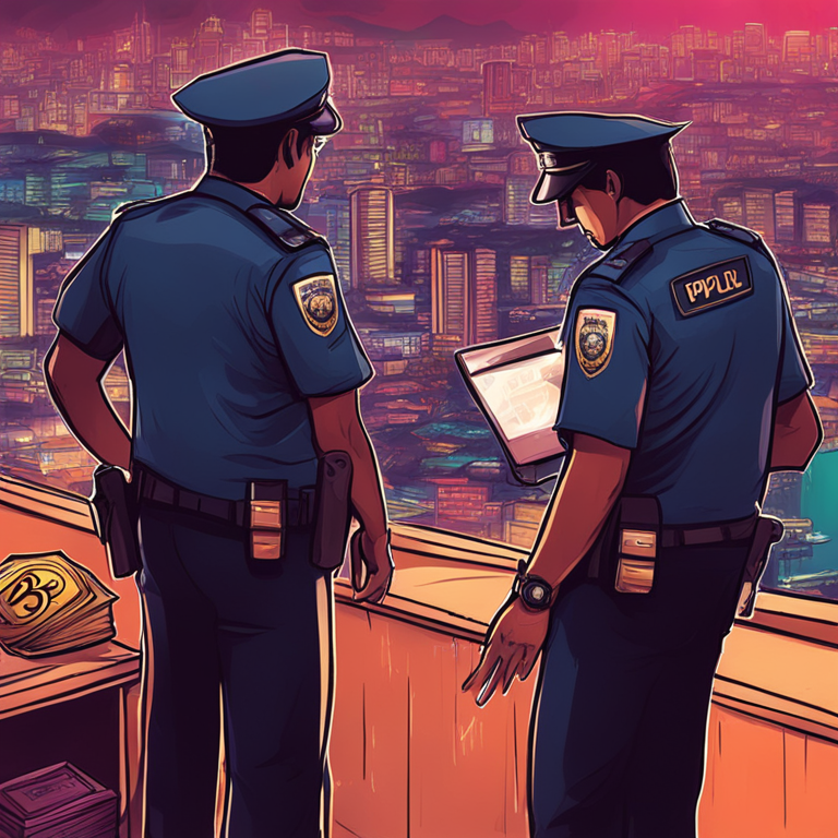 Indian police officers investigating Bitcoin crimes, digital art illustration, Artstation HQ, intricate details, cityscape backdrop, high-stakes, hand-drawn digital style, sharp colors