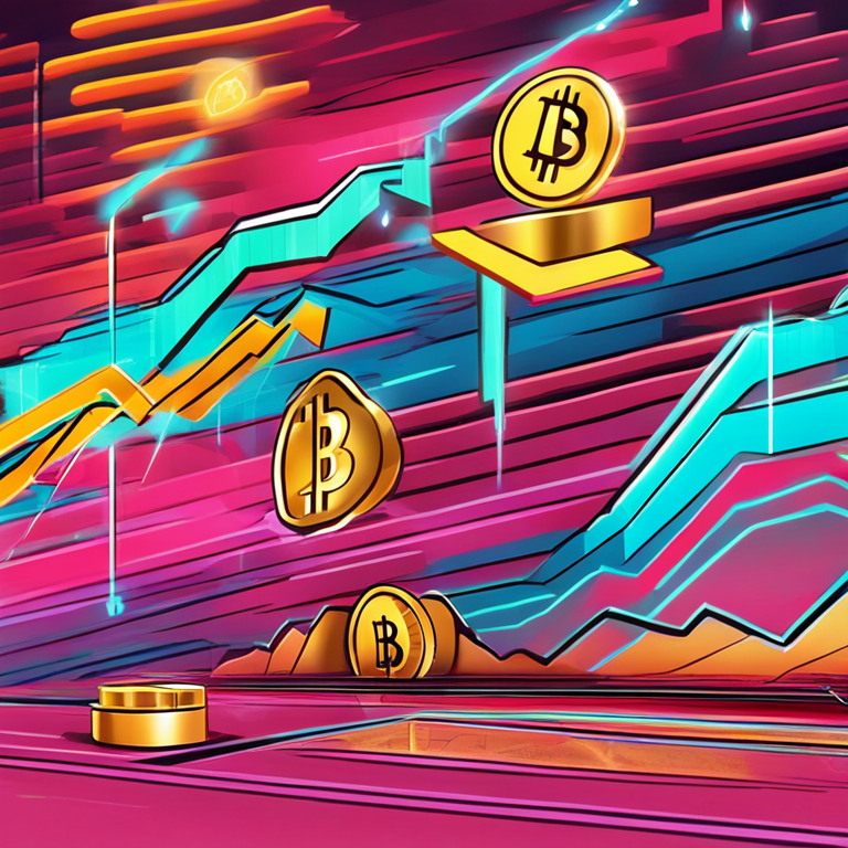 Abstract digital illustration of cryptocurrency market trends, vibrant colors, Artstation HQ, hand-drawn digital art, featuring coins and charts, trending now