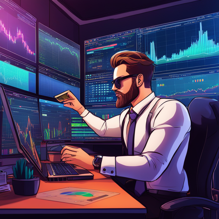 Hand-drawn digital illustration of cryptocurrency market analysis, charts and graphs in the background, professional trader in modern attire, Artstation HQ, digital art, vibrant colors