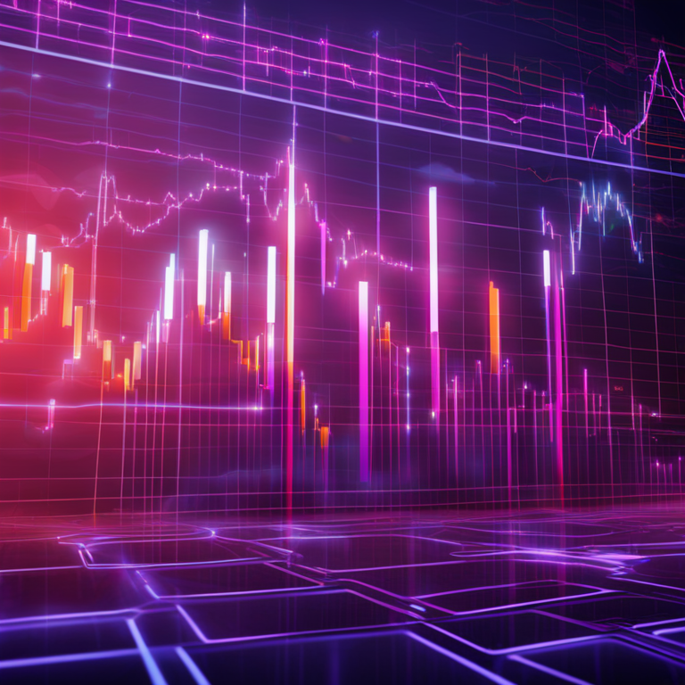 Stylized, digital visualization showing fluctuating graphs and candlestick charts over an abstract blockchain grid representing a downtrend while highlighting key indicators like RSI and CMF, Artstation HQ, digital art, financial, intricate, sleek