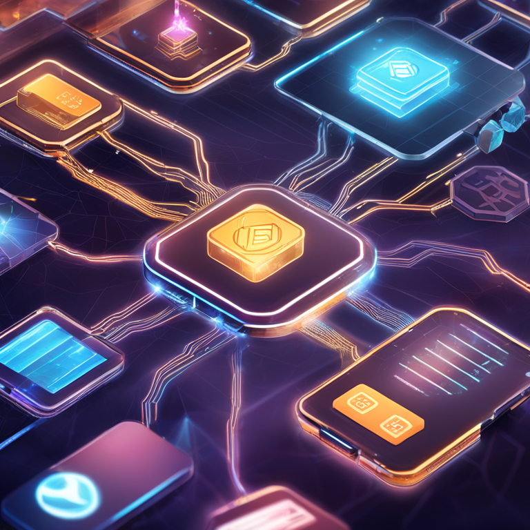 A digital illustration showing diverse blockchain applications enabled by overlay networks, including tokenization, DeFi, peer-to-peer transactions, and network management, highly detailed, futuristic, art by Artstation artists