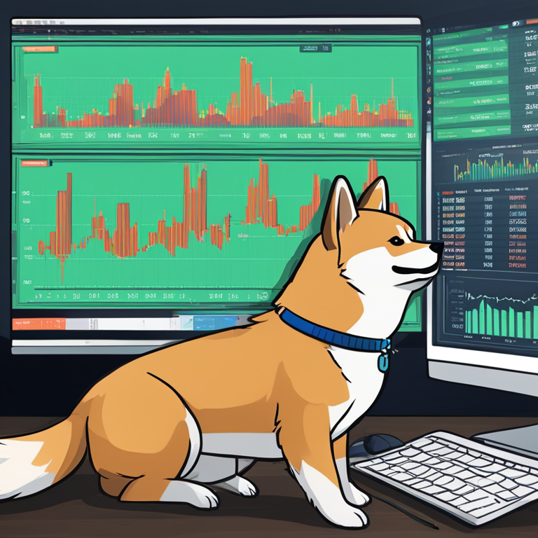 hand-drawn digital illustration of market analysis, Artstation HQ, digital art, depicting a Shiba Inu cryptocurrency chart with volume bars and investor activity