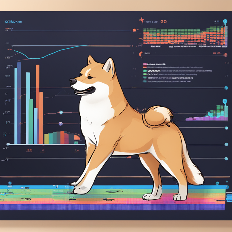 hand-drawn digital illustration, Artstation HQ, digital art, showing metrics of large transactions and blockchain activity for Shiba Inu, with whales and data points