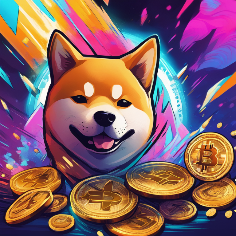 hand-drawn digital illustration, Artstation HQ, digital art of Shiba Inu coin breaking through resistance, depicting cryptocurrency price momentum, abstract, vibrant colors, stylized, high-energy, trending on Artstation