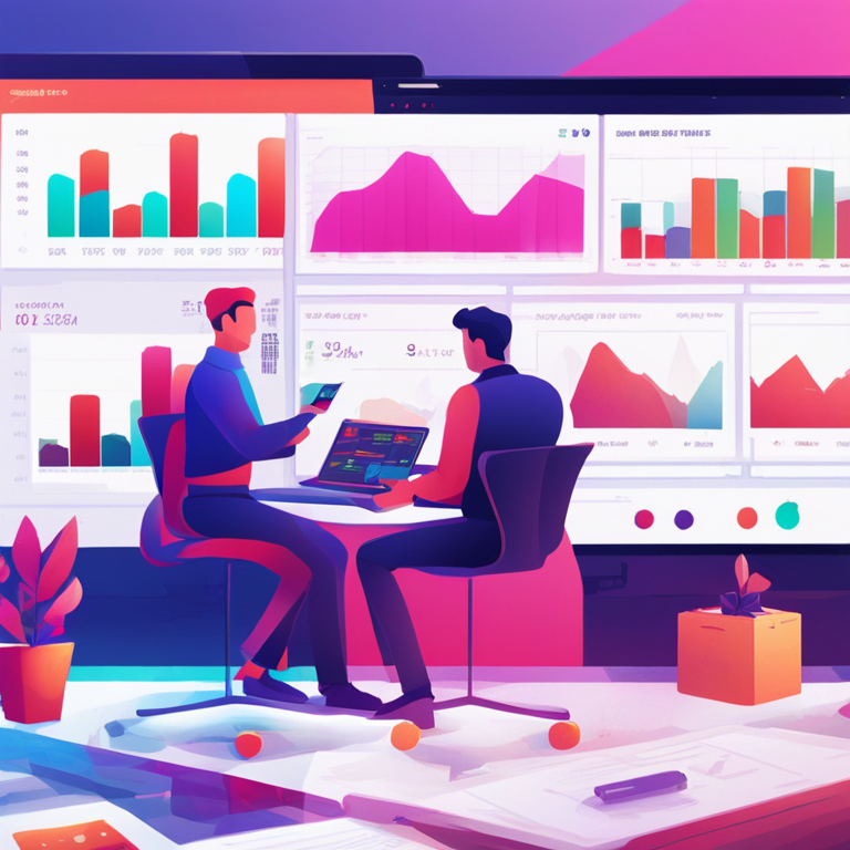 illustration of trading graphs and analytics with whimsical traders, Artstation HQ, colorful and dynamic digital art