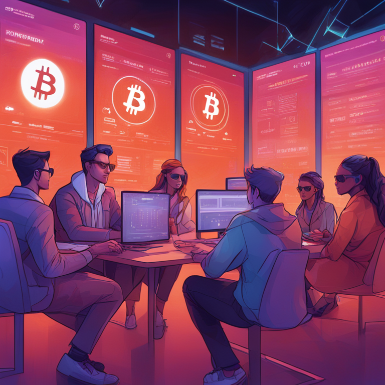 digital illustration of people discussing cryptocurrency investments, hand-drawn style, Artstation HQ, abstract background of futuristic market graphs, bold colors, high-tech vibe, by artists like Lois van Baarle and Peter Mohrbacher