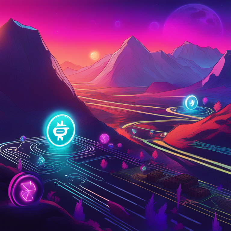 hand-drawn digital illustration of cryptocurrency tokens in a futuristic digital landscape, XRP token highlighted, vibrant colors, Artstation HQ, digital art