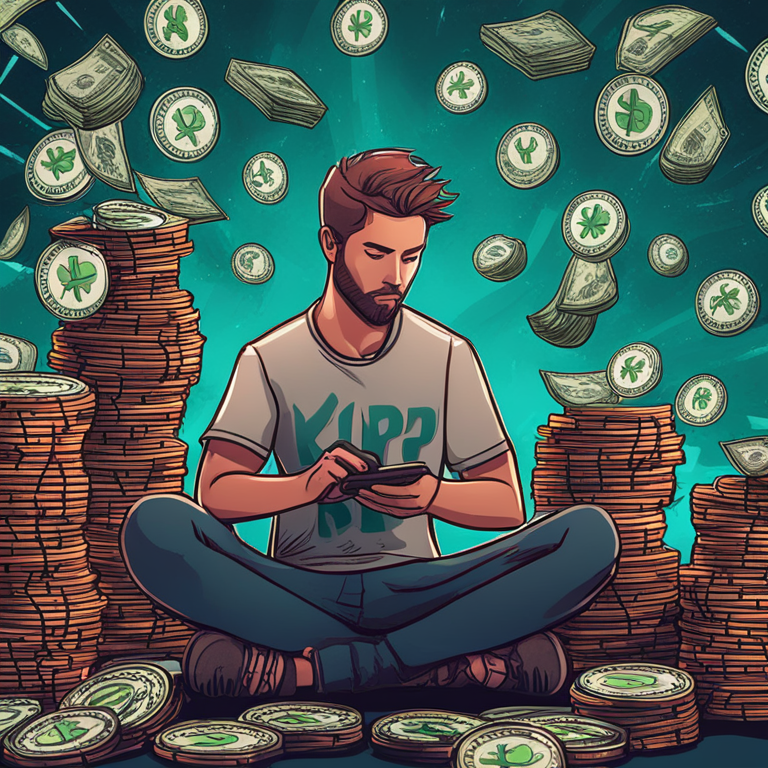 hand-drawn digital illustration of a person considering selling XRP, surrounded by stacks of dollar bills and cryptocurrency symbols, Artstation HQ, digital art