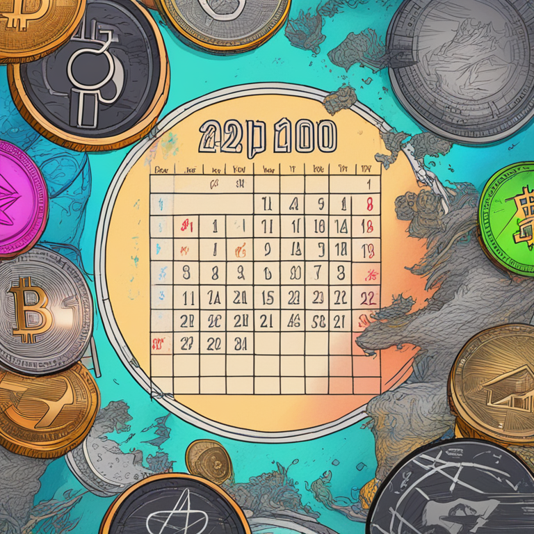 hand-drawn digital illustration, Artstation HQ, digital art, calendar marking significant changes in important dates for cryptocurrencies, sketch style, colorful and detailed, trending on Artstation