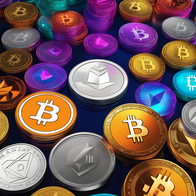 artistic digital rendering of varied cryptocurrency coins like Bitcoin, Ethereum, Litecoin, and Bitcoin Cash, modern and futuristic style, vibrant colors, Artstation HQ, digital art