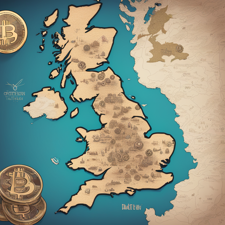 hand-drawn digital illustration, Artstation HQ, depiction of UK map with cryptocurrency symbols, digital art, detailed, trending on Artstation