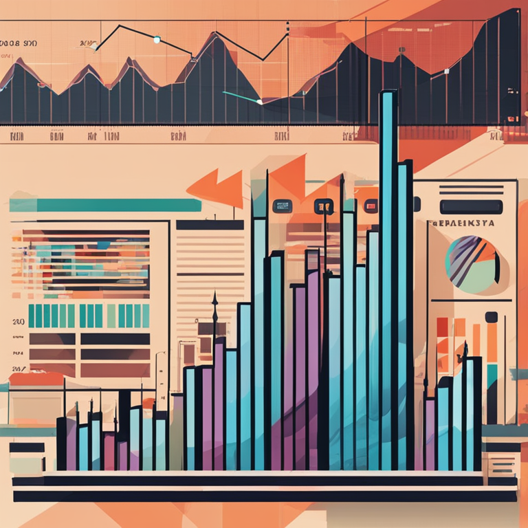 Illustration depicting a rising revenue chart, arrows up, exchange trading screens, bustling market, digital art, magazine-style illustration