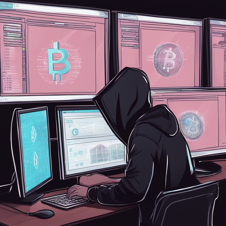 hand-drawn digital illustration, hacker transferring cryptocurrencies, computer screen displaying transactions, Artstation HQ, digital art