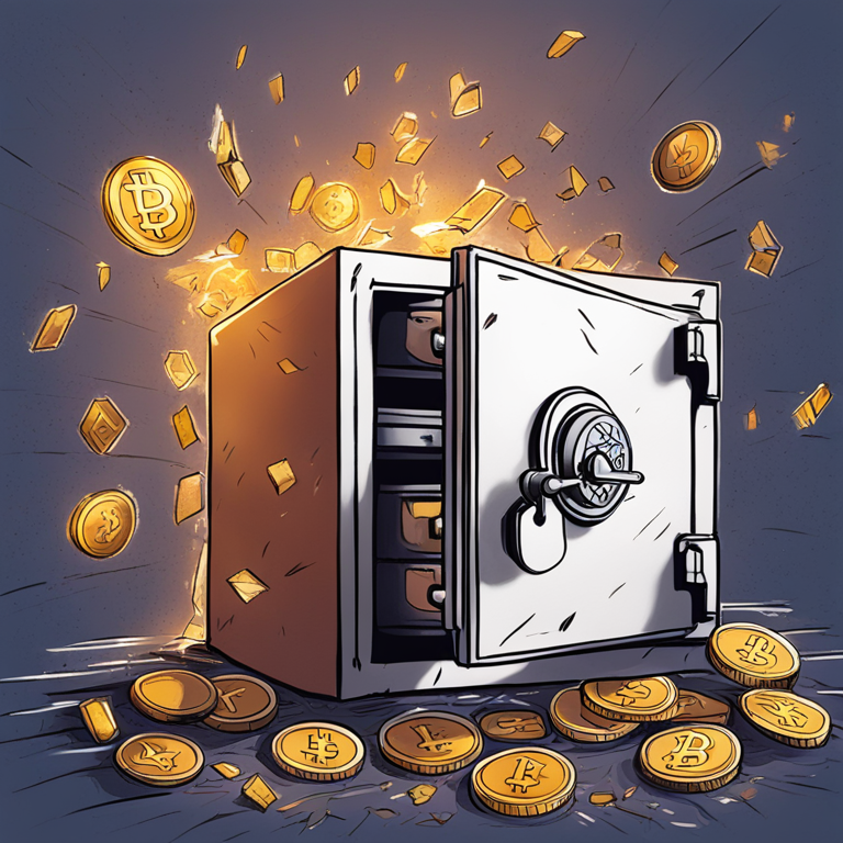 hand-drawn digital illustration, digital safe being cracked open, cryptocurrency symbols flying out, Artstation HQ, digital art