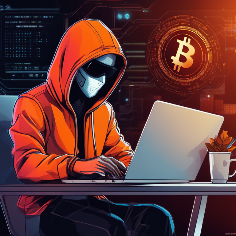 A sophisticated digital illustration of a hacker with a laptop, highlighted transactions and cryptocurrencies, Artstation HQ, digital art