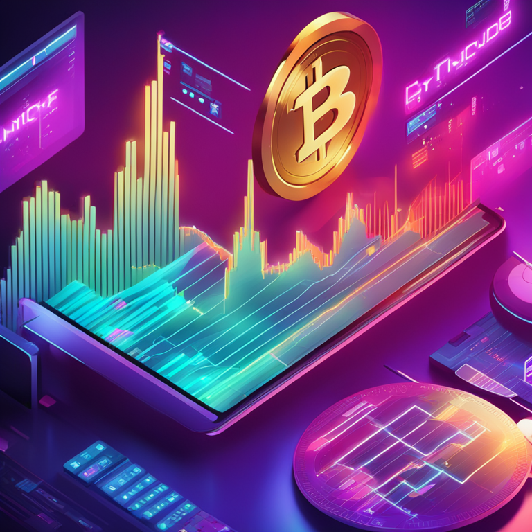 A colorful digital illustration of cryptocurrency trading charts and stagnant trading volume, Artstation HQ, digital art