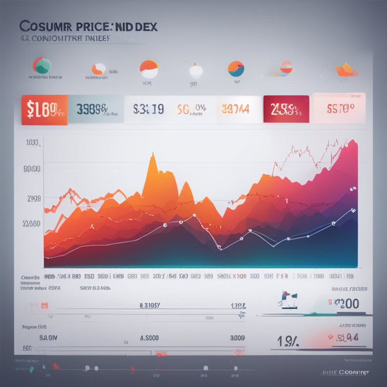 A detailed illustration showing the fluctuation of consumer price index values, with a digital art style inspired by Artstation, capturing the data metrics and economic trends