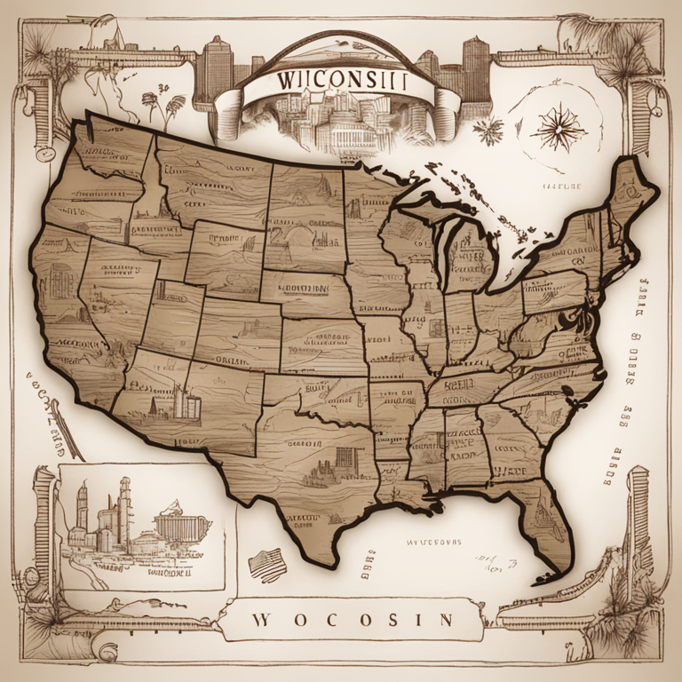 Hand-drawn digital illustration showing US maps highlighting Wisconsin, investment themes, Artstation HQ, digital art