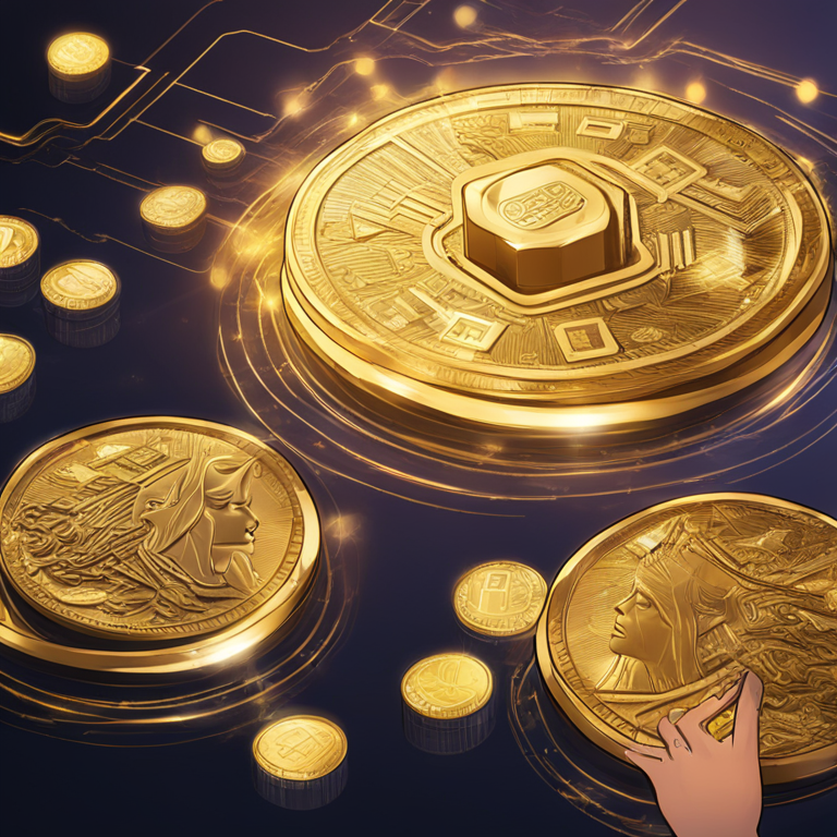 Digital fusion of physical gold with blockchain technology, artistic graphic showing gold coins converting into digital tokens, hand-drawn digital illustration, Artstation HQ, digital art