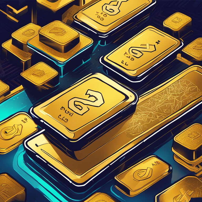 Hand-drawn digital illustration of Pundi X Labs and Scoin partnership, showing digital and physical gold exchange, blockchain elements, and rising gold prices, Artstation HQ style, vibrant colors