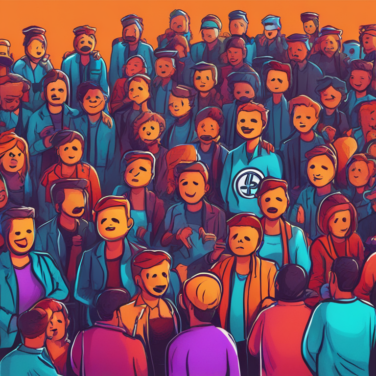 hand-drawn digital illustration of anxious people surrounding crypto symbols in vibrant colors, Artstation HQ, digital art