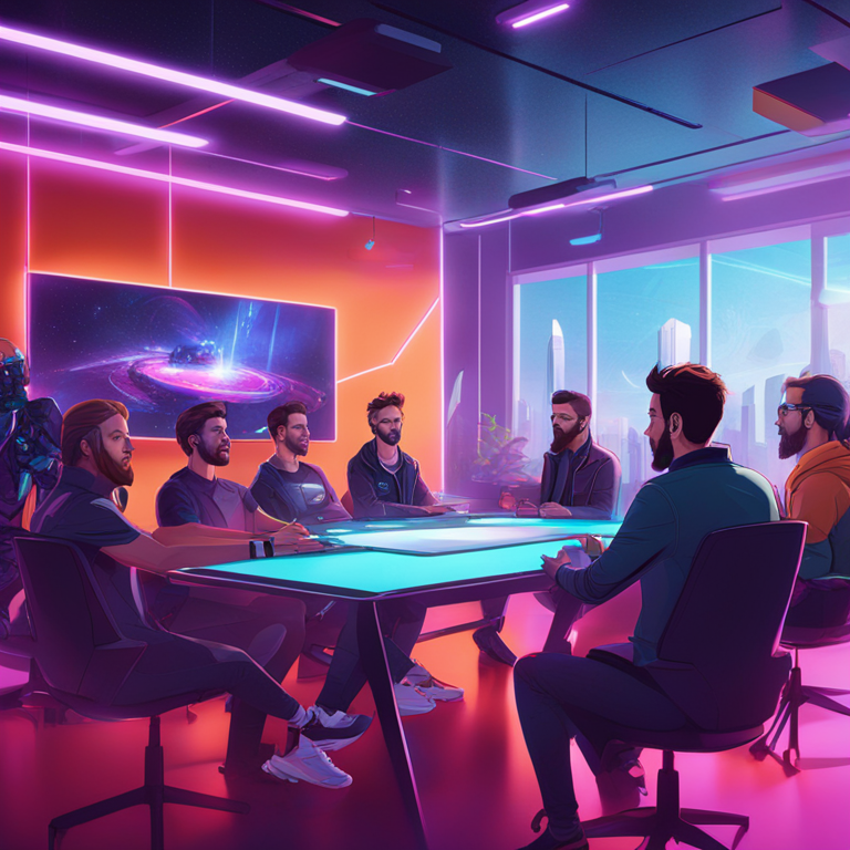 digital illustration of startup founders in a futuristic conference room, Artstation HQ, vibrant atmosphere