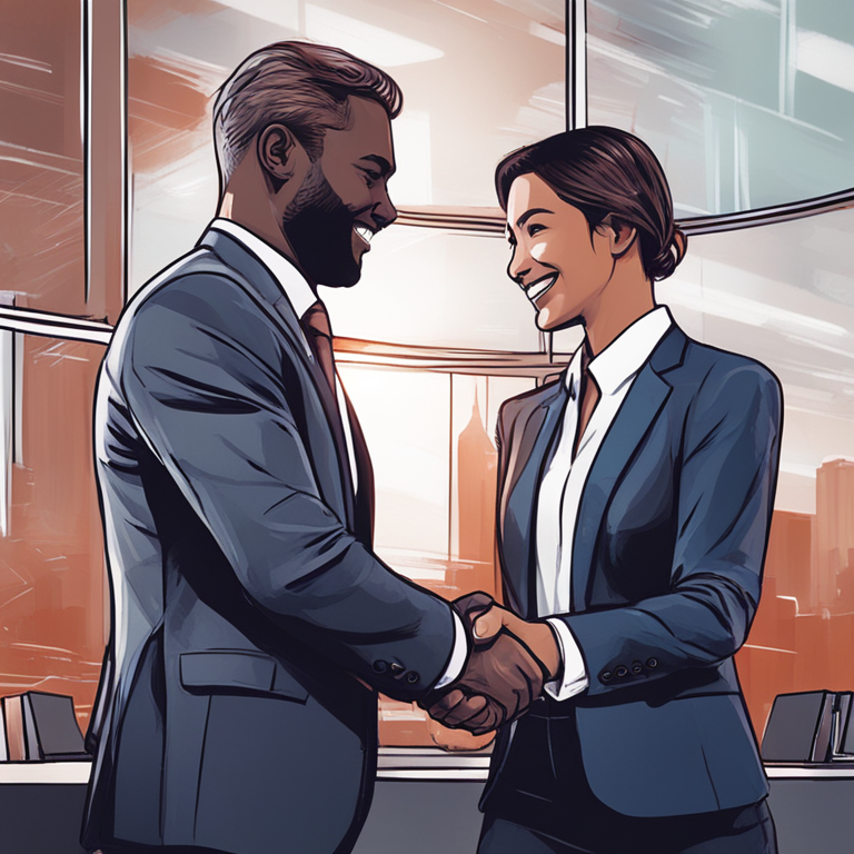 handshake between business professionals, symbolizing partnership and collaboration, hand-drawn digital illustration, Artstation HQ, digital art