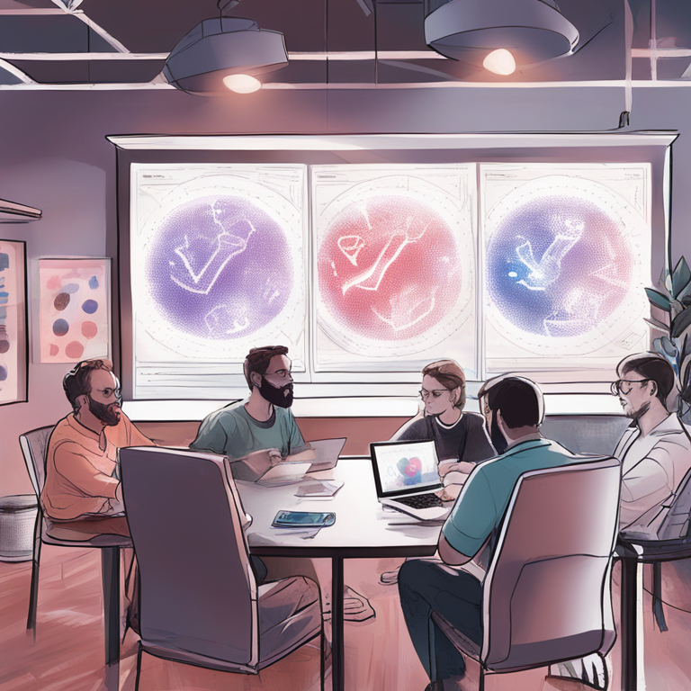 Web 3.0 startup founders in a collaborative discussion, exploring Polkadot technology, hand-drawn digital illustration, Artstation HQ, digital art