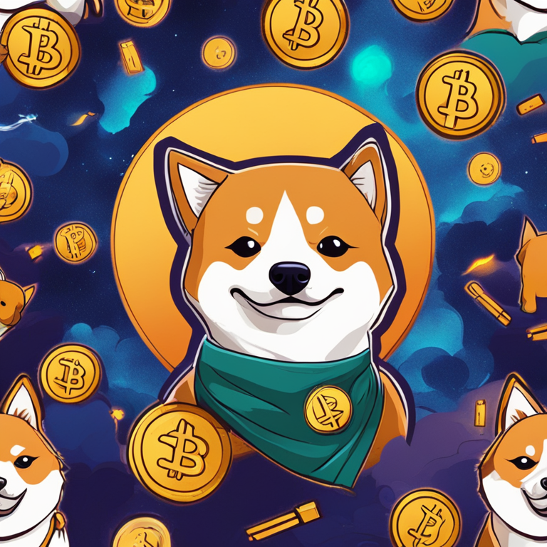 Shiba Inu cryptocurrency representation, hand-drawn digital illustration, Artstation HQ, digital art, meme-inspired, vibrant colors, cartoon-styled Shiba Inu dog with cryptocurrency symbols