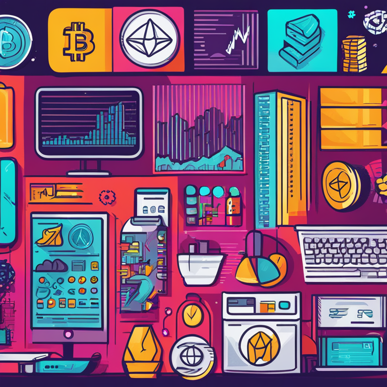 Hand-drawn digital illustration showcasing cryptocurrencies and business icons, Artstation HQ, modern design, vibrant colors, digital art