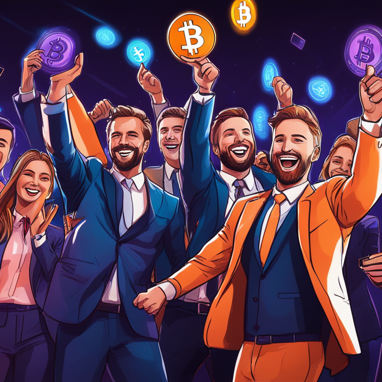 Hand-drawn digital illustration of European businesspeople celebrating cryptocurrency success, futuristic and vibrant, art by various digital artists, Artstation HQ, digital art