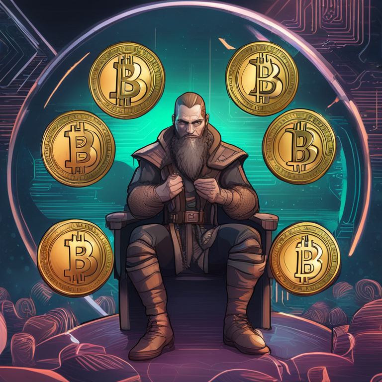 Digital illustration of cryptocurrency tokens, including Floki, with business background, bright and captivating, Artstation HQ, digital art