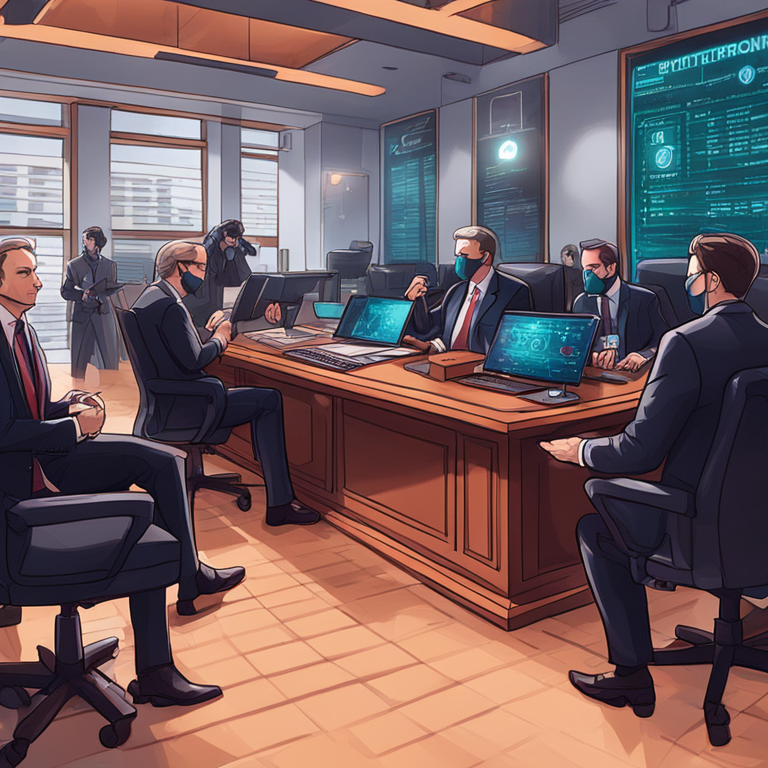 hand-drawn digital illustration of government officials dealing with cryptocurrency regulations, Artstation HQ, digital art