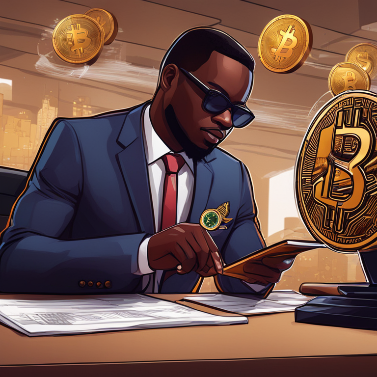 Illustration of a Nigerian government official scrutinizing cryptocurrency symbols, Artstation HQ, digital art, contemporary style