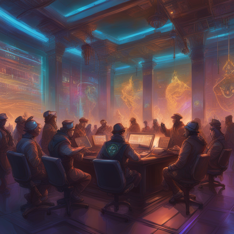 A digital illustration depicting collaborative efforts among crypto exchanges and regulatory bodies, bright colorful Artstation HQ style, art by Peter Mohrbacher and Donato Giancola