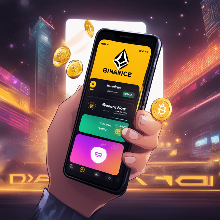 An engaging digital illustration of a user navigating the Binance app on a smartphone. The artwork shows an appealing interface with various trading options, capturing the sleek design and functionality akin to top-rated apps on Artstation HQ.