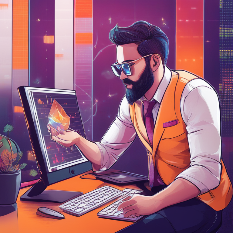 Whimsical digital illustration of an analyst with Ethereum charts, creative and detailed, by a modern digital artist, colorful data visualization, Artstation HQ