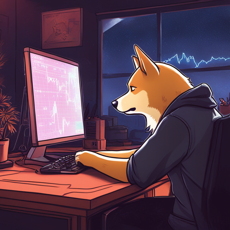 hand-drawn digital illustration, Artstation HQ, digital art, a view of a man sadly looking at his computer screen displaying Dogecoin sale transaction and price spike after