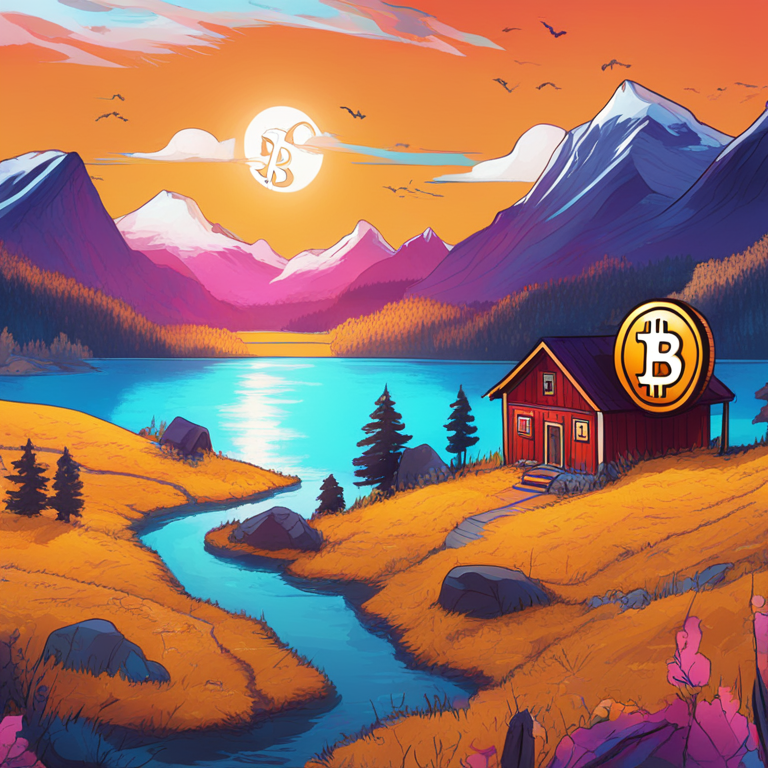 A vibrant digital illustration of Scandinavian landscape with Bitcoin symbols and financial charts, hand-drawn digital illustration, Artstation HQ, digital art