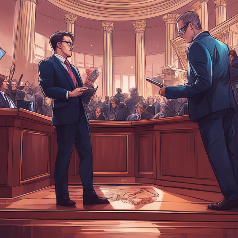 hand-drawn digital illustration, Artstation HQ, debate among digital and governmental entities, modern and vivid courtroom, digital currencies, legal battle illustration, detailed and vibrant, capturing heavy scrutiny, trending on Artstation